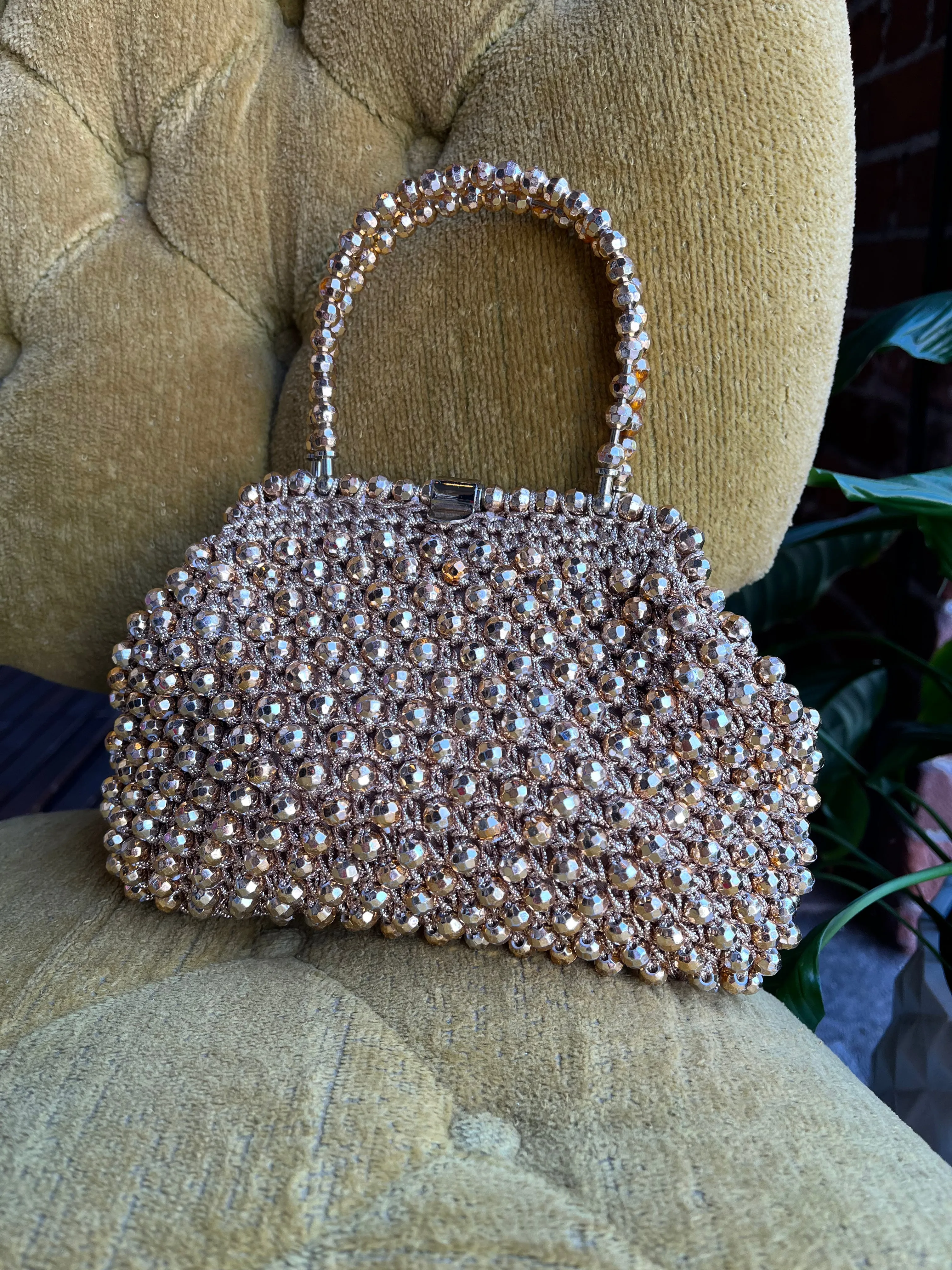 1960s Gold Knit Beaded Handbag