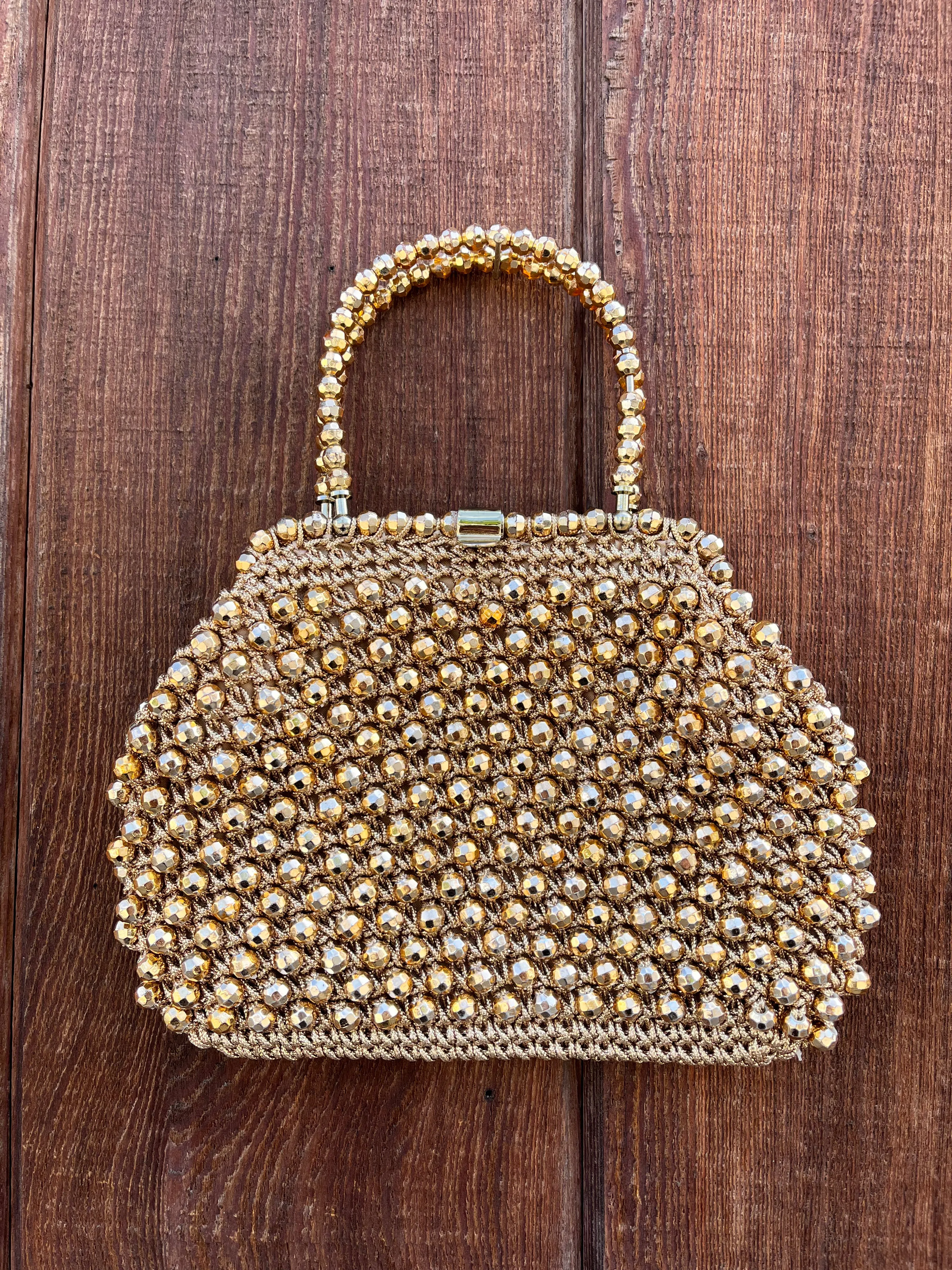 1960s Gold Knit Beaded Handbag