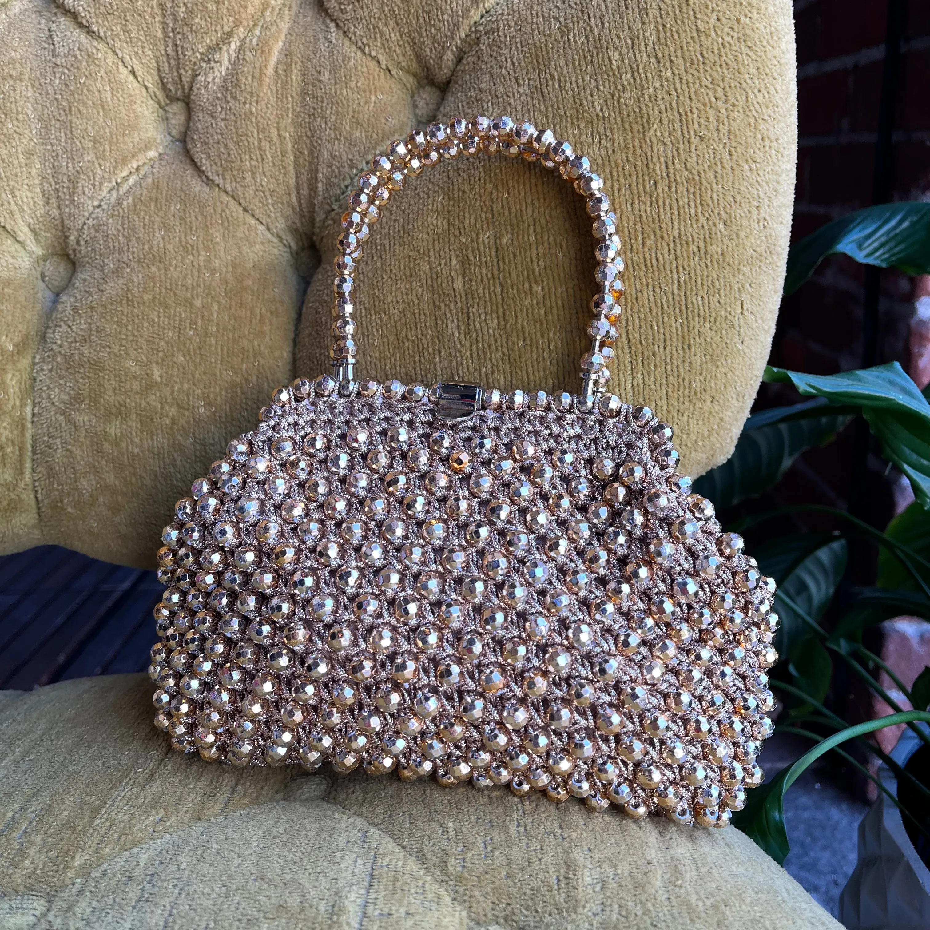 1960s Gold Knit Beaded Handbag