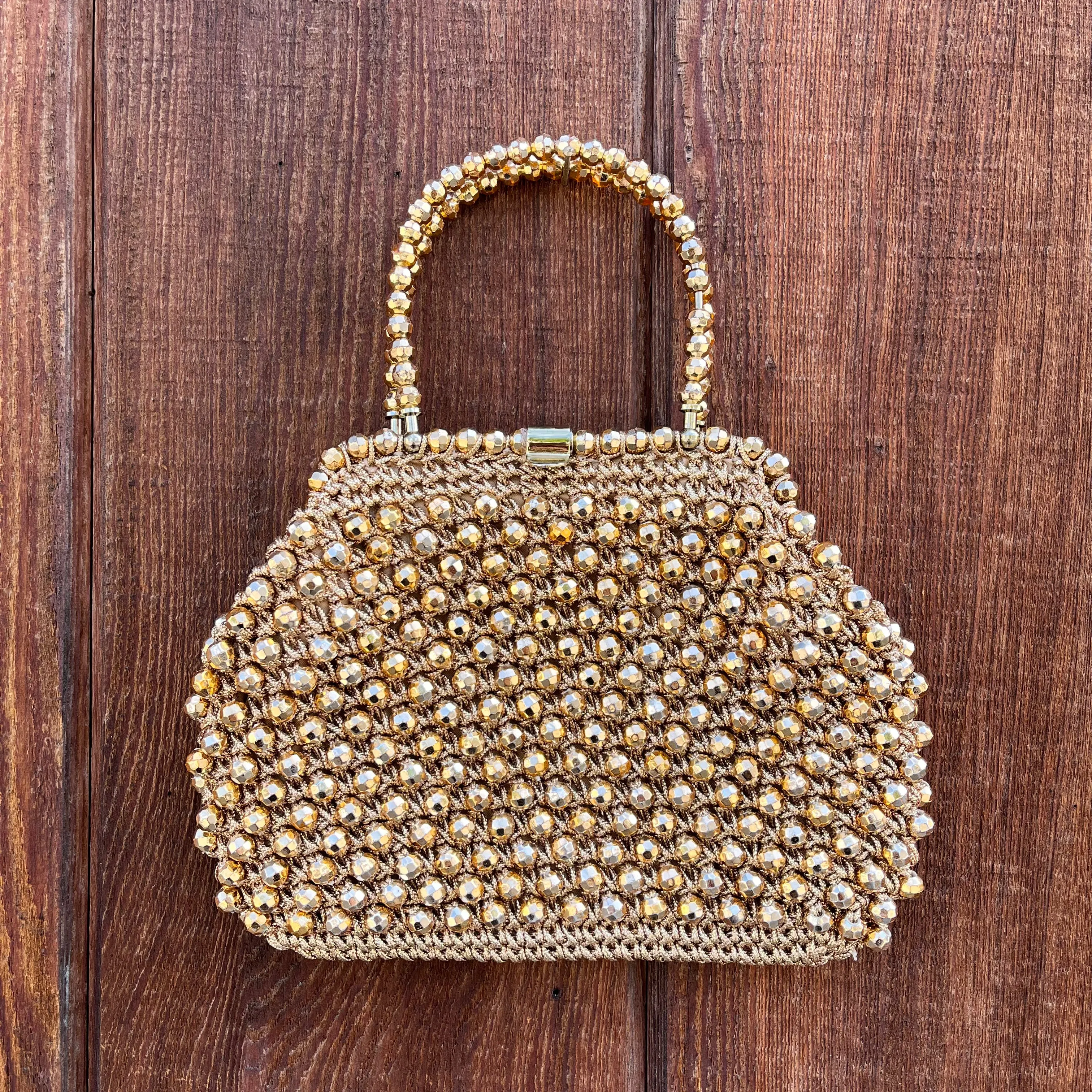 1960s Gold Knit Beaded Handbag