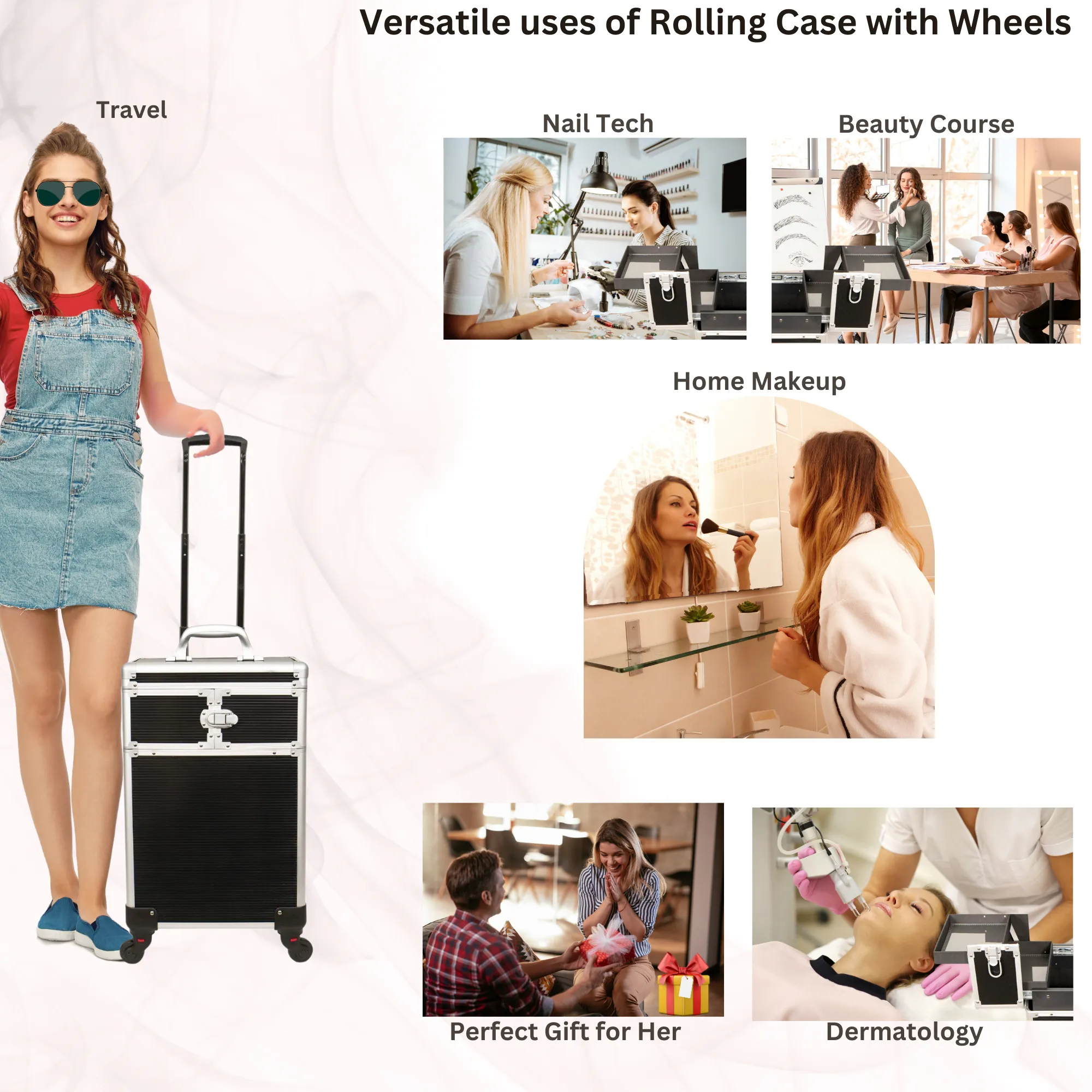 9-in-1 Four Wheels Professional Rolling Makeup Nail Tech Case with 3 Removable Tray and Nail Polishes Holder by VER Beauty - JMT003