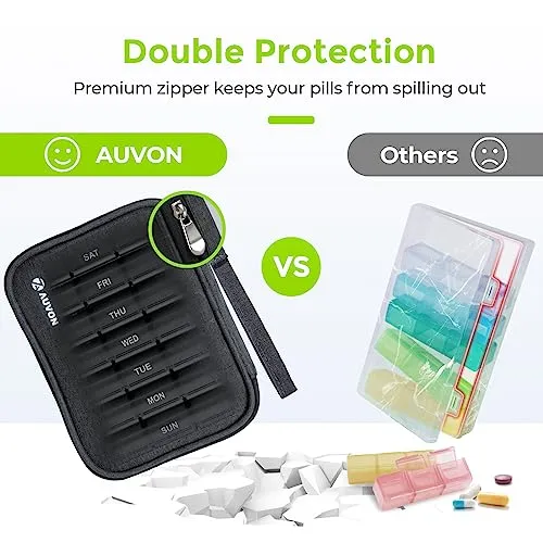 AUVON Canvas Bag Weekly Pill Organizer 3 Times a Day, Large Pill Box 7 Day with Portable Zipper Cloth Bag for Holding Supplements, Vitamins and Fish Oils