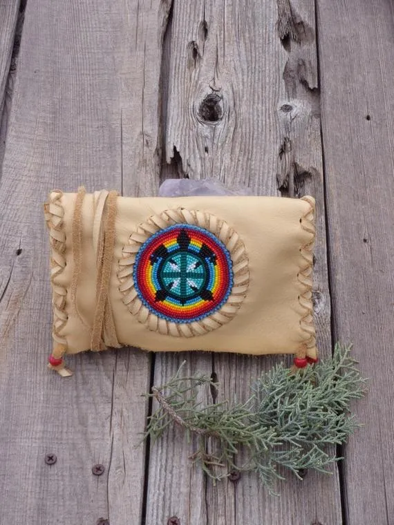 Beaded leather clutch, beaded turtle totem, shamans bag