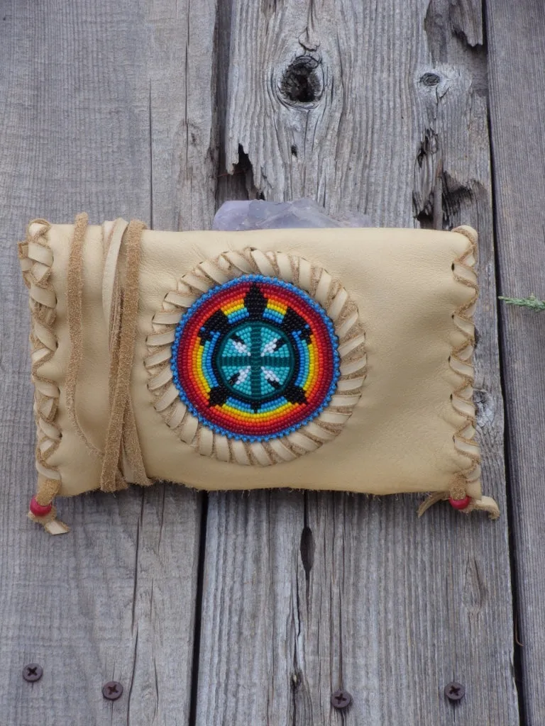 Beaded leather clutch, beaded turtle totem, shamans bag