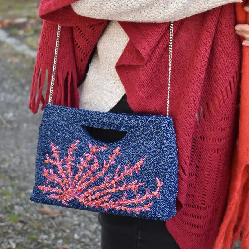 Beaded Statement Clutch, Navy Coral Branch, Bespoke Design