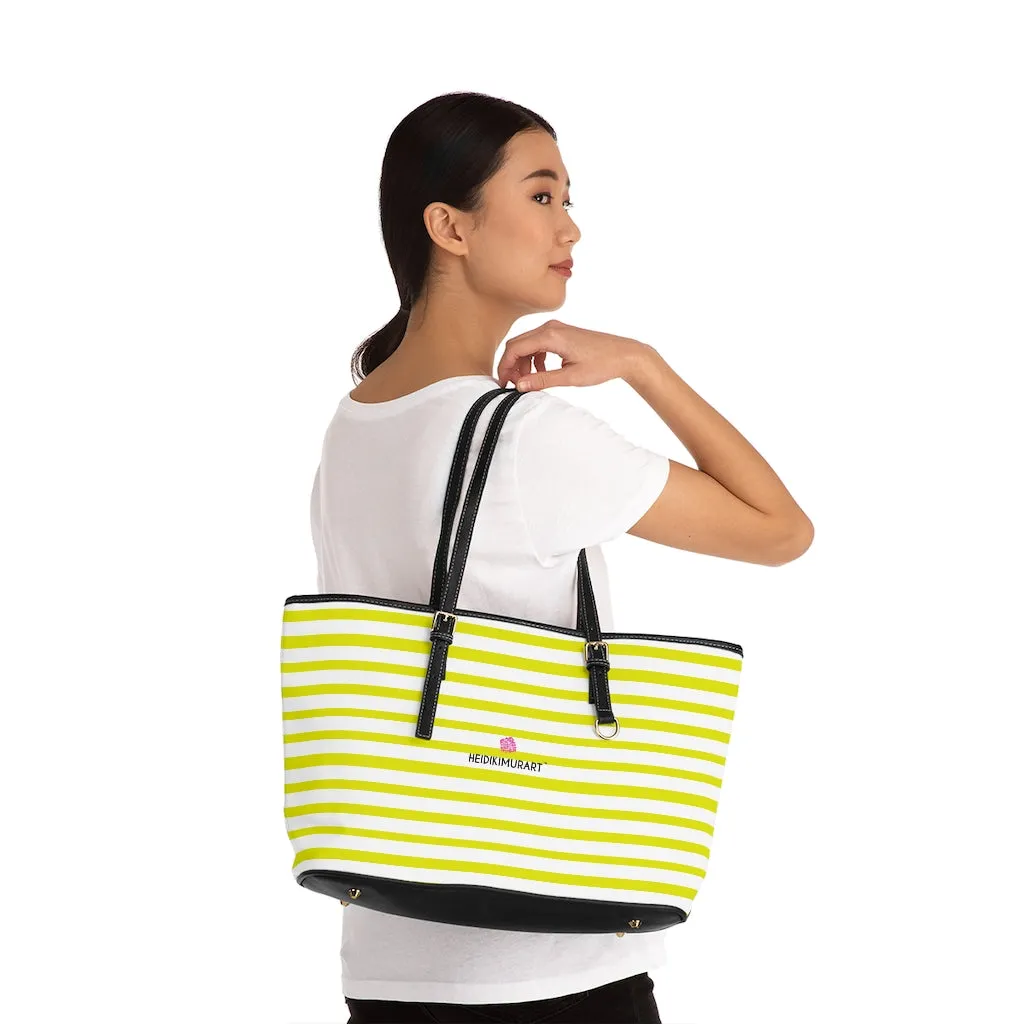 Best Yellow Striped Tote Bag, Best Designer PU Leather Shoulder Hand Work Bag 17"x11"/ 16"x10"