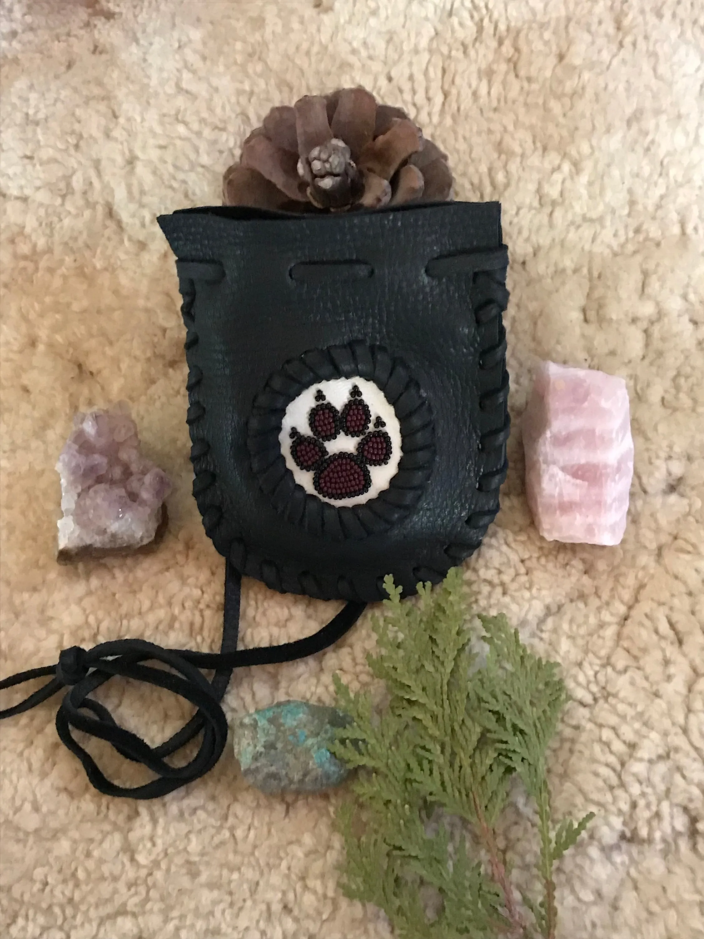 Black beaded wolf paw bag, beaded medicine bag