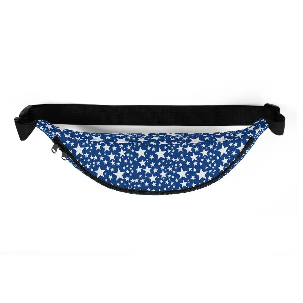 Blue White Stars Fanny Pack, Star Pattern Over The Waist Belt Shoulder Bag- Made in USA/EU