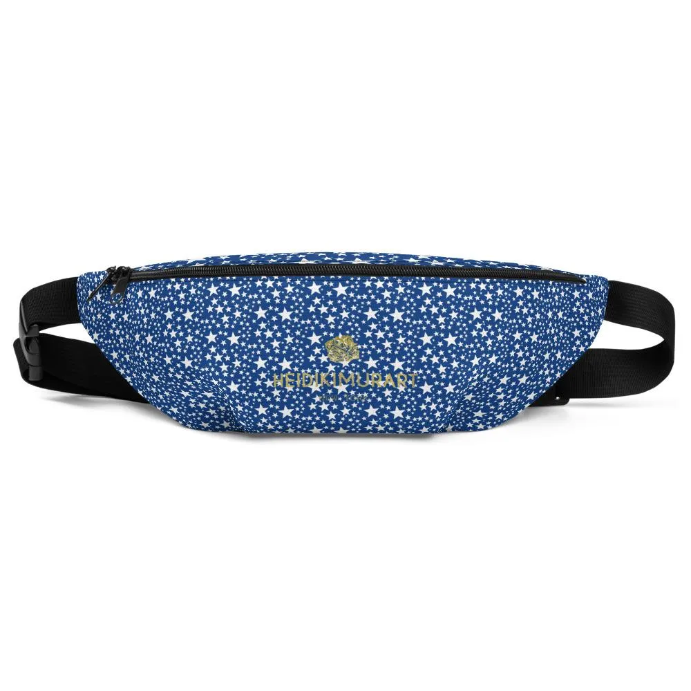 Blue White Stars Fanny Pack, Star Pattern Over The Waist Belt Shoulder Bag- Made in USA/EU