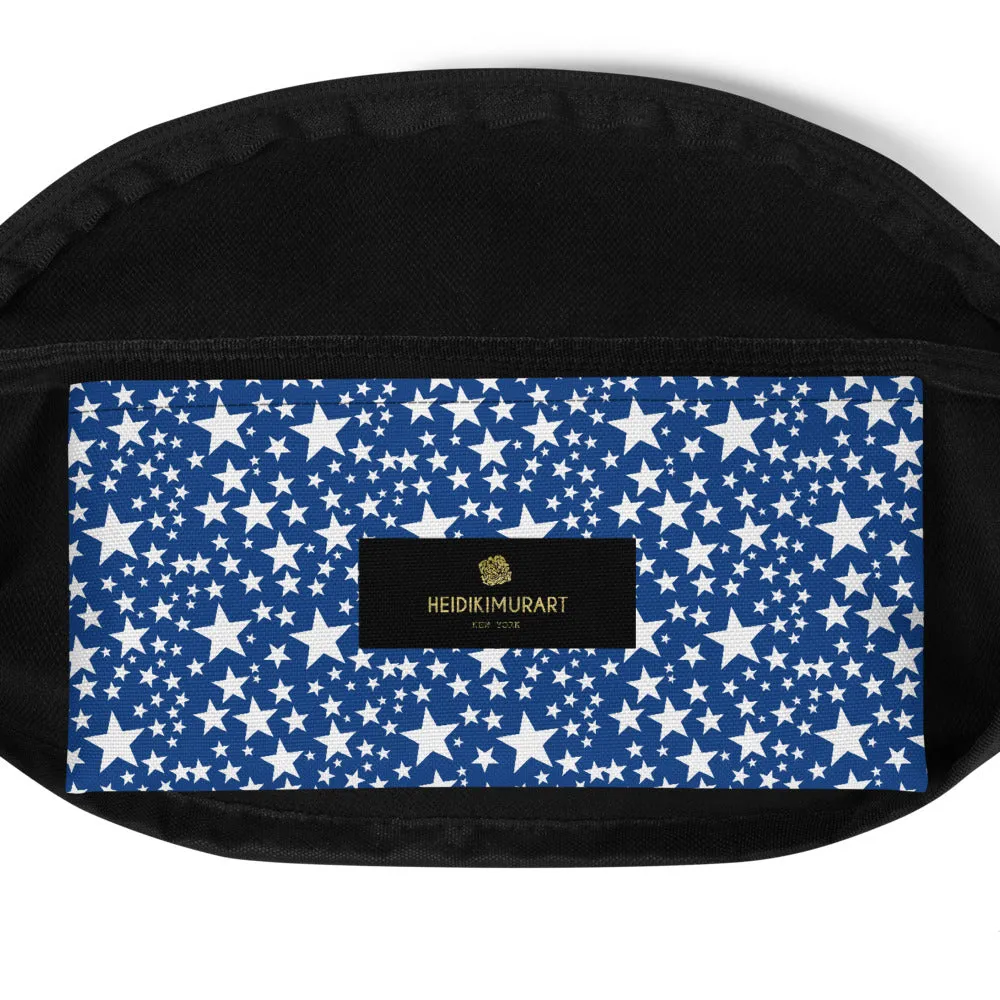 Blue White Stars Fanny Pack, Star Pattern Over The Waist Belt Shoulder Bag- Made in USA/EU