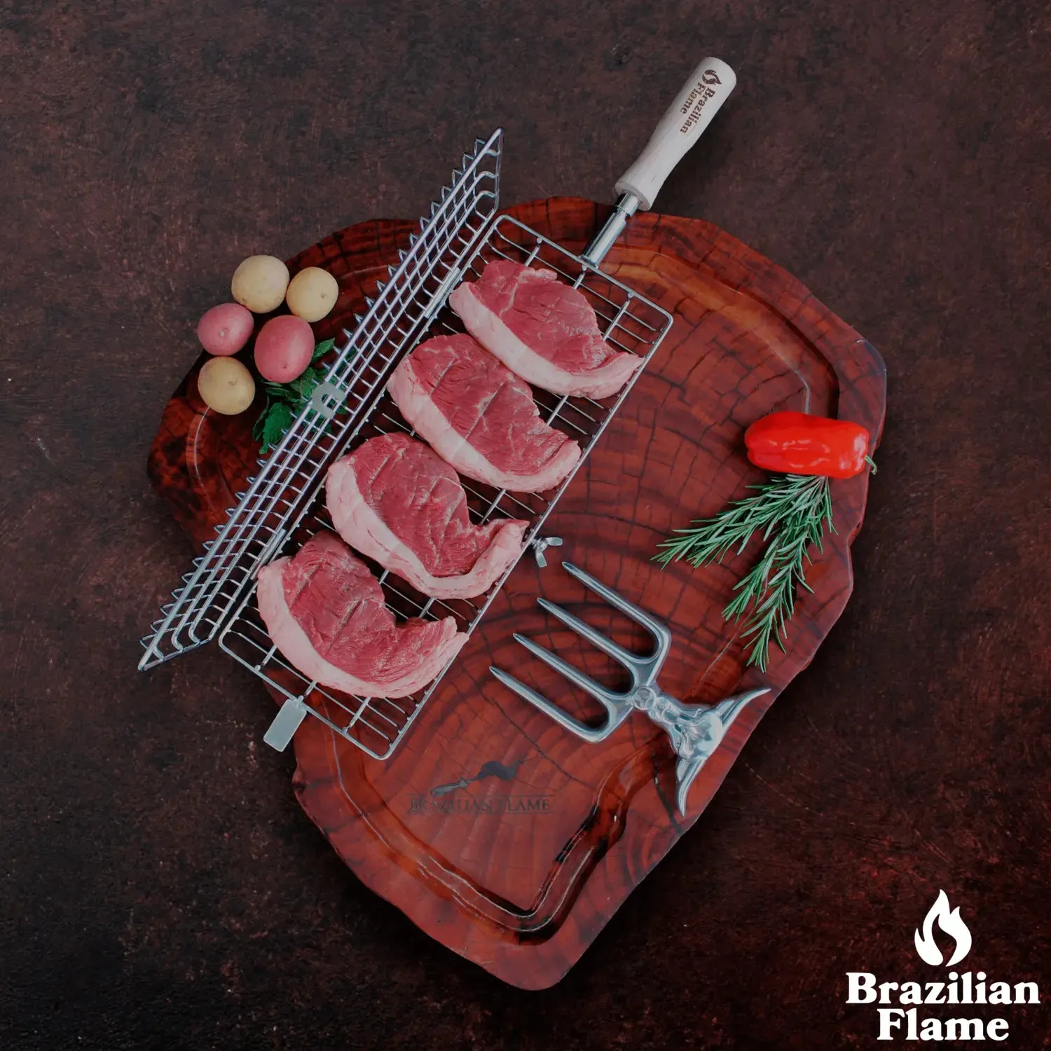 Brazilian Flame Flat Rotisserie Grill Basket - Beef & Poultry