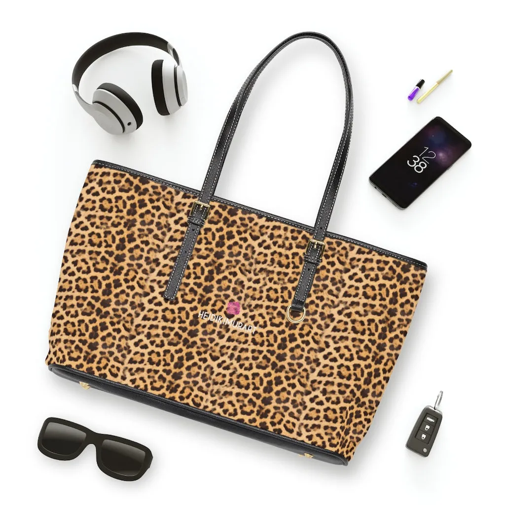 Brown Leopard Print Tote Bag, Animal Print PU Leather Shoulder Hand Work Bag 17"x11"/ 16"x10"