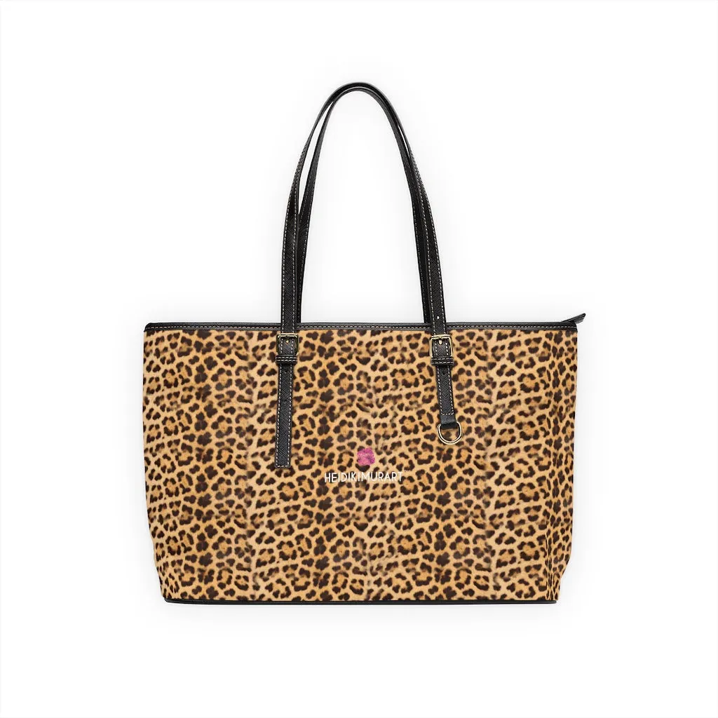 Brown Leopard Print Tote Bag, Animal Print PU Leather Shoulder Hand Work Bag 17"x11"/ 16"x10"