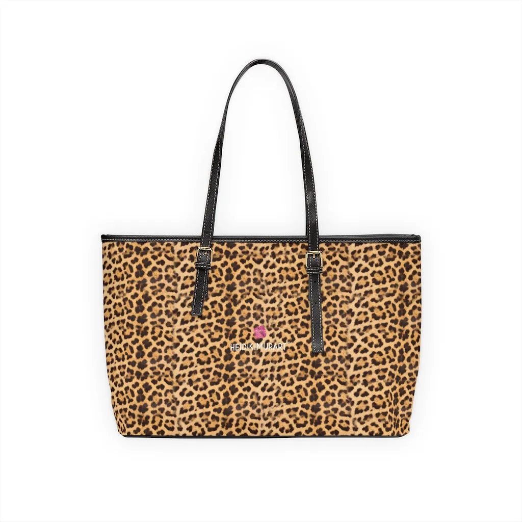 Brown Leopard Print Tote Bag, Animal Print PU Leather Shoulder Hand Work Bag 17"x11"/ 16"x10"