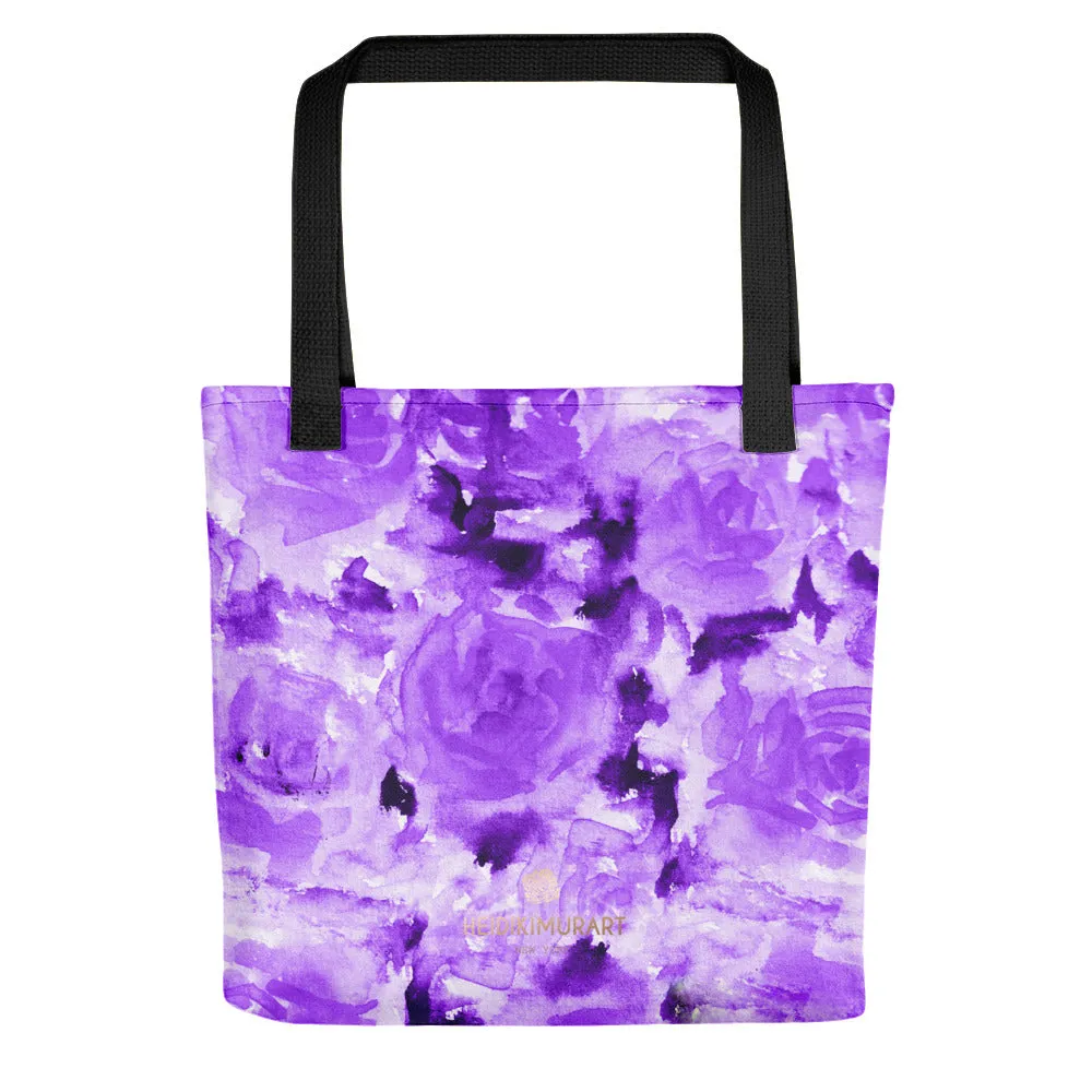 Dark Violet Tote Bag, Purple Rose Floral Designer 15" x 15" Printed Tote Bag - Made in USA/EU