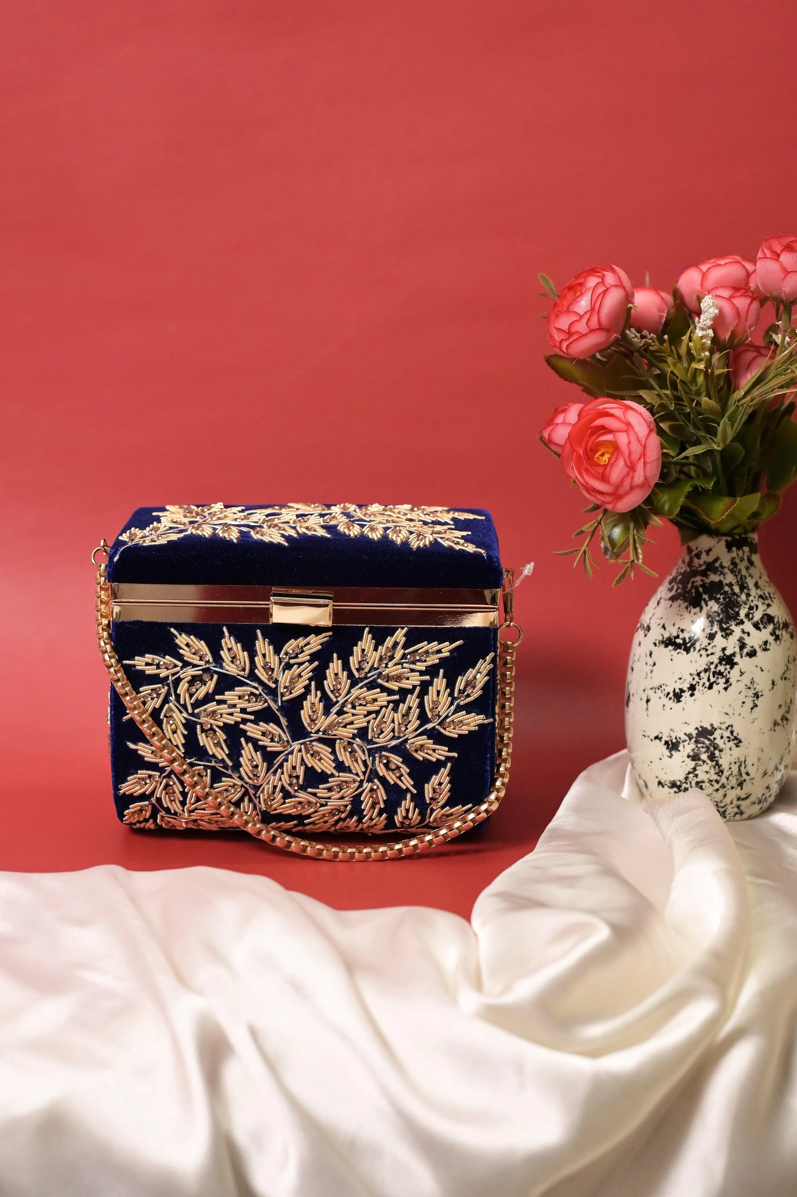 Deep Navy Blue Color  Velvet Box Clutch Bag with Hand Zardosi Work