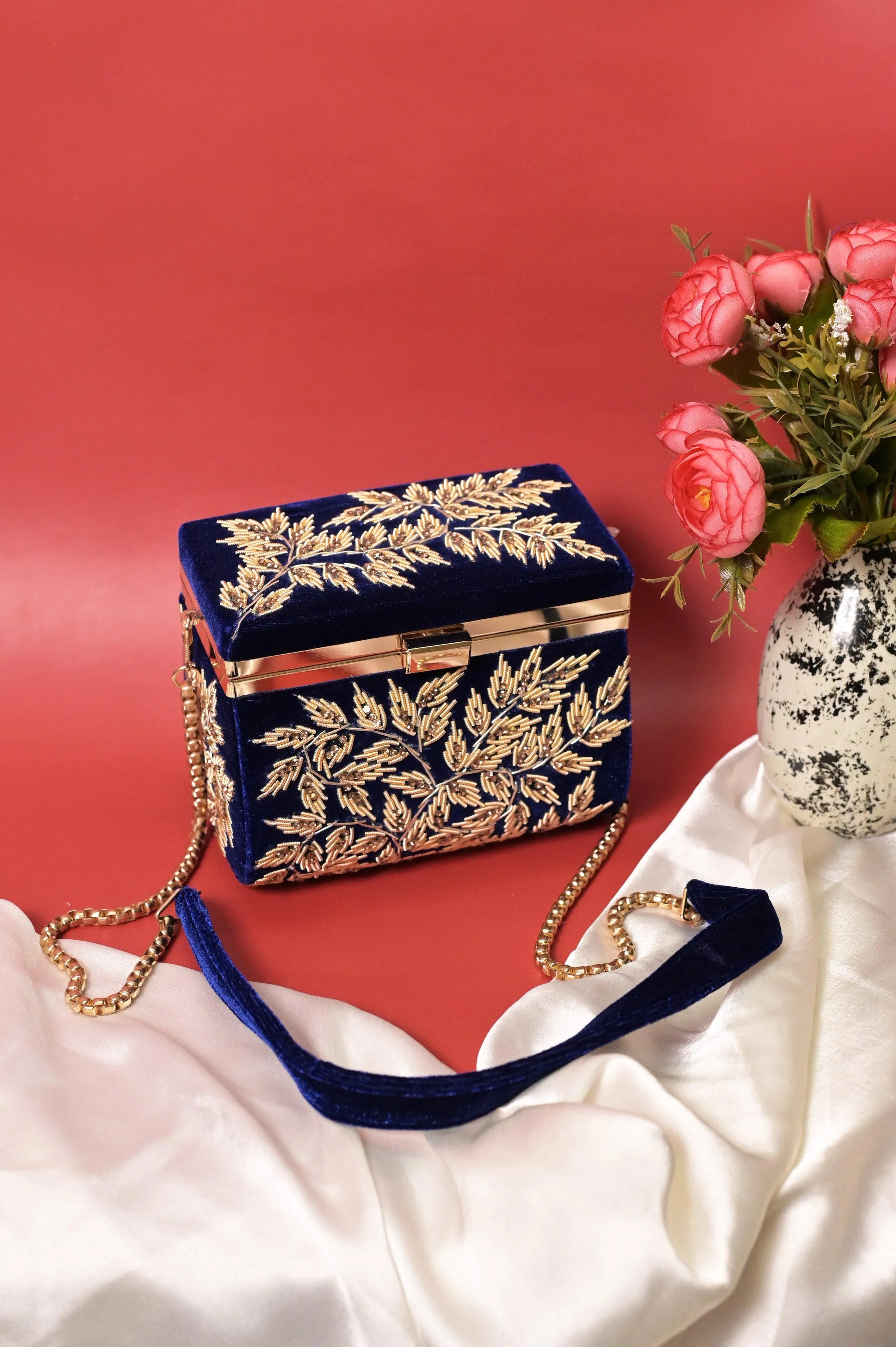 Deep Navy Blue Color  Velvet Box Clutch Bag with Hand Zardosi Work