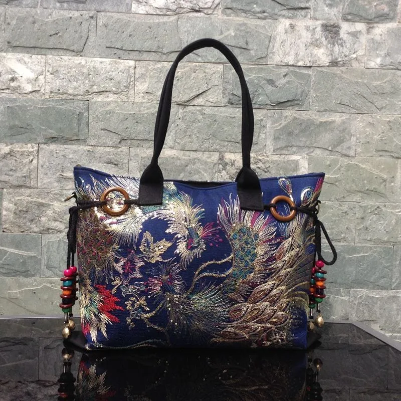 Designer Luxury Gold Thread Phoenix Hand Embroidery Bag Tote-Wood Bead Trim Limited Edition