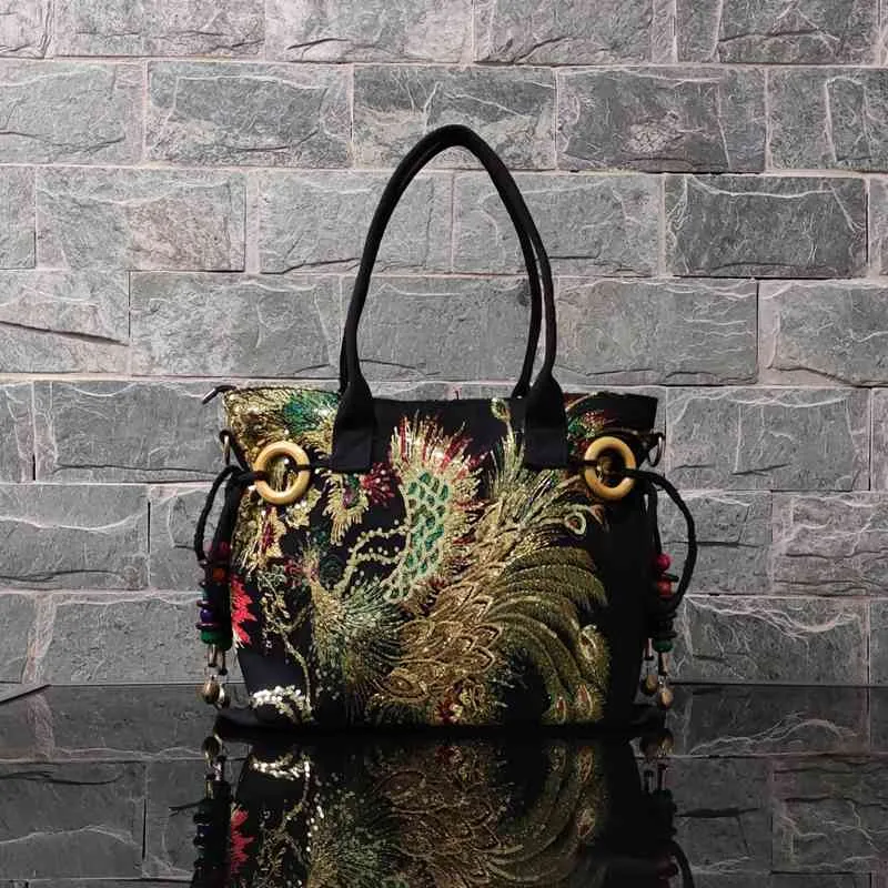 Designer Luxury Gold Thread Phoenix Hand Embroidery Bag Tote-Wood Bead Trim Limited Edition