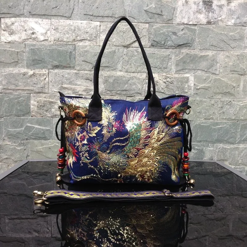 Designer Luxury Gold Thread Phoenix Hand Embroidery Bag Tote-Wood Bead Trim Limited Edition