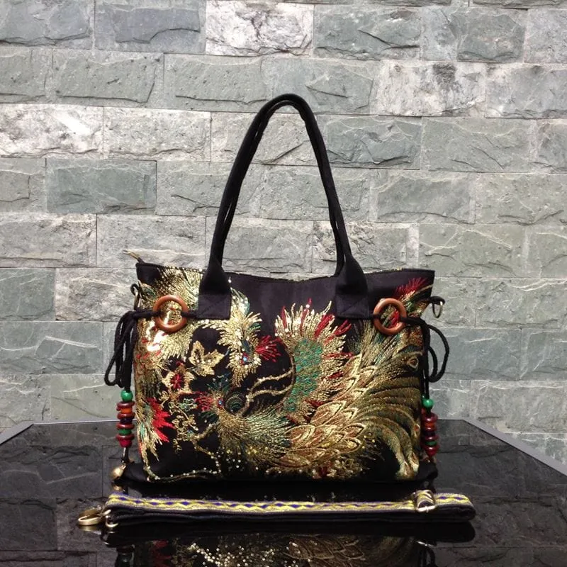 Designer Luxury Gold Thread Phoenix Hand Embroidery Bag Tote-Wood Bead Trim Limited Edition