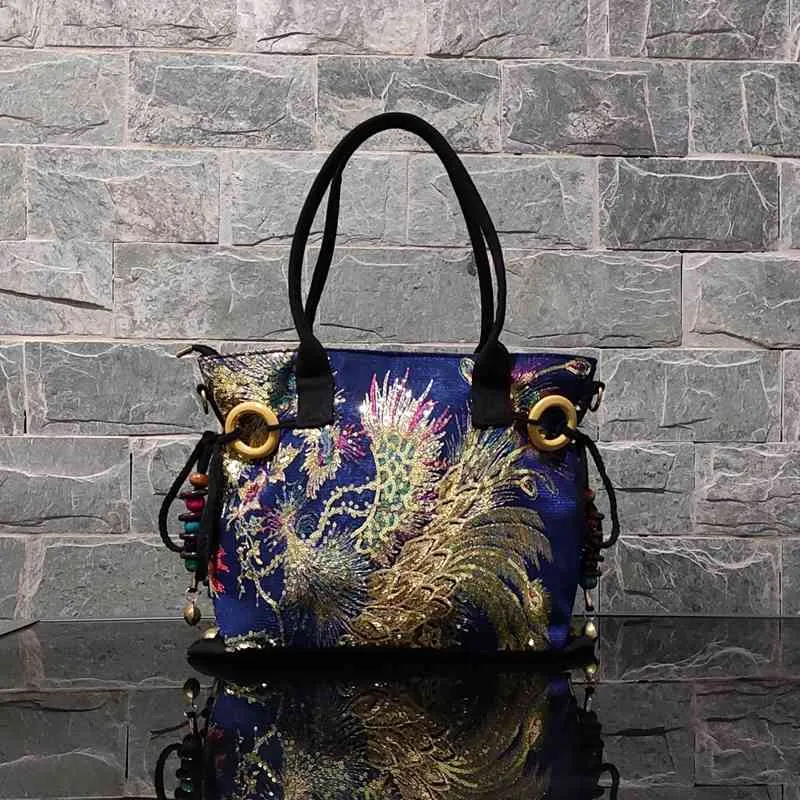 Designer Luxury Gold Thread Phoenix Hand Embroidery Bag Tote-Wood Bead Trim Limited Edition