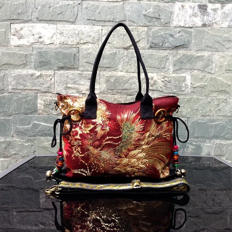 Designer Luxury Gold Thread Phoenix Hand Embroidery Bag Tote-Wood Bead Trim Limited Edition