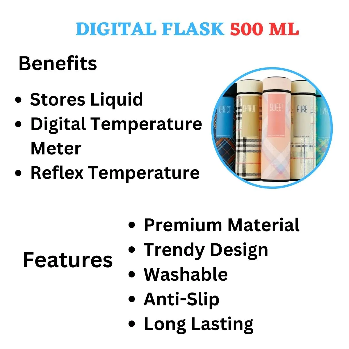 Digital Flask Hot & Cold (Assorted Color & Pattern)