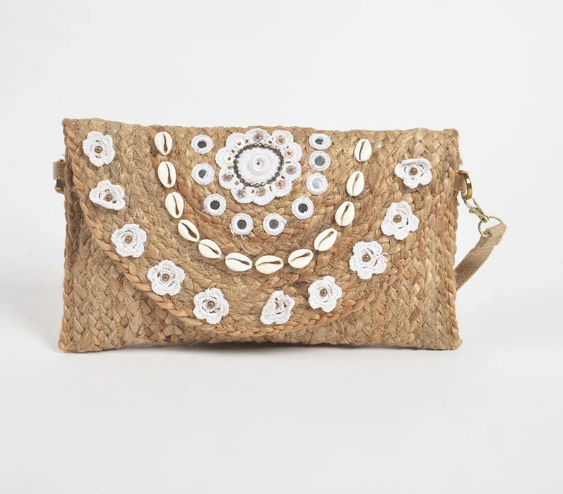 Embellished Shells & Flowers Jute Sling Bag