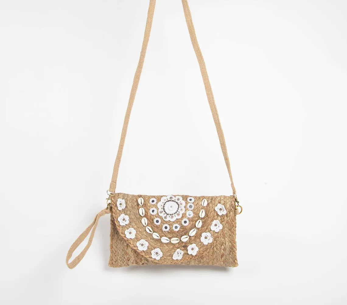 Embellished Shells & Flowers Jute Sling Bag