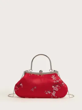 Floral Embroidered Clip Top Clutch Bag