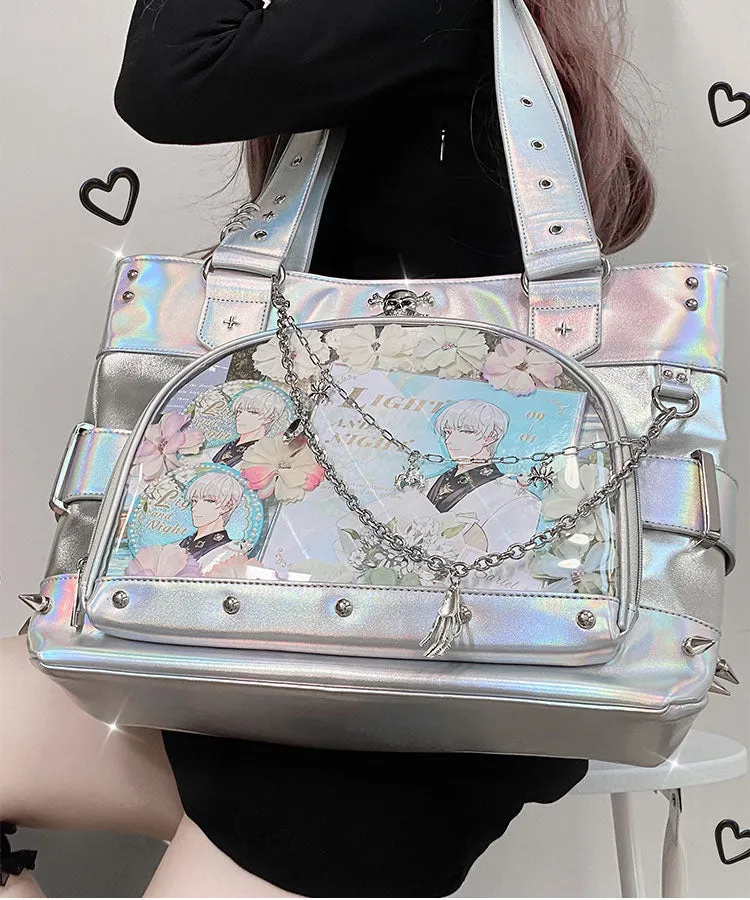 Gothic Black White Silver Holographic Skull Chains Messenger Bag