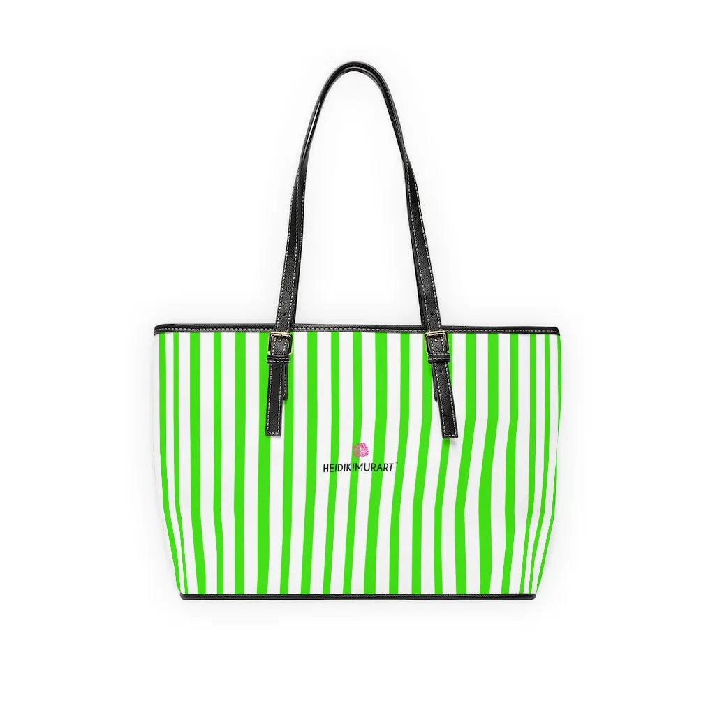 Green Stripes Best Tote Bag, 17"x11"/ 16"x10" Designer Striped PU Leather Shoulder Hand Bag