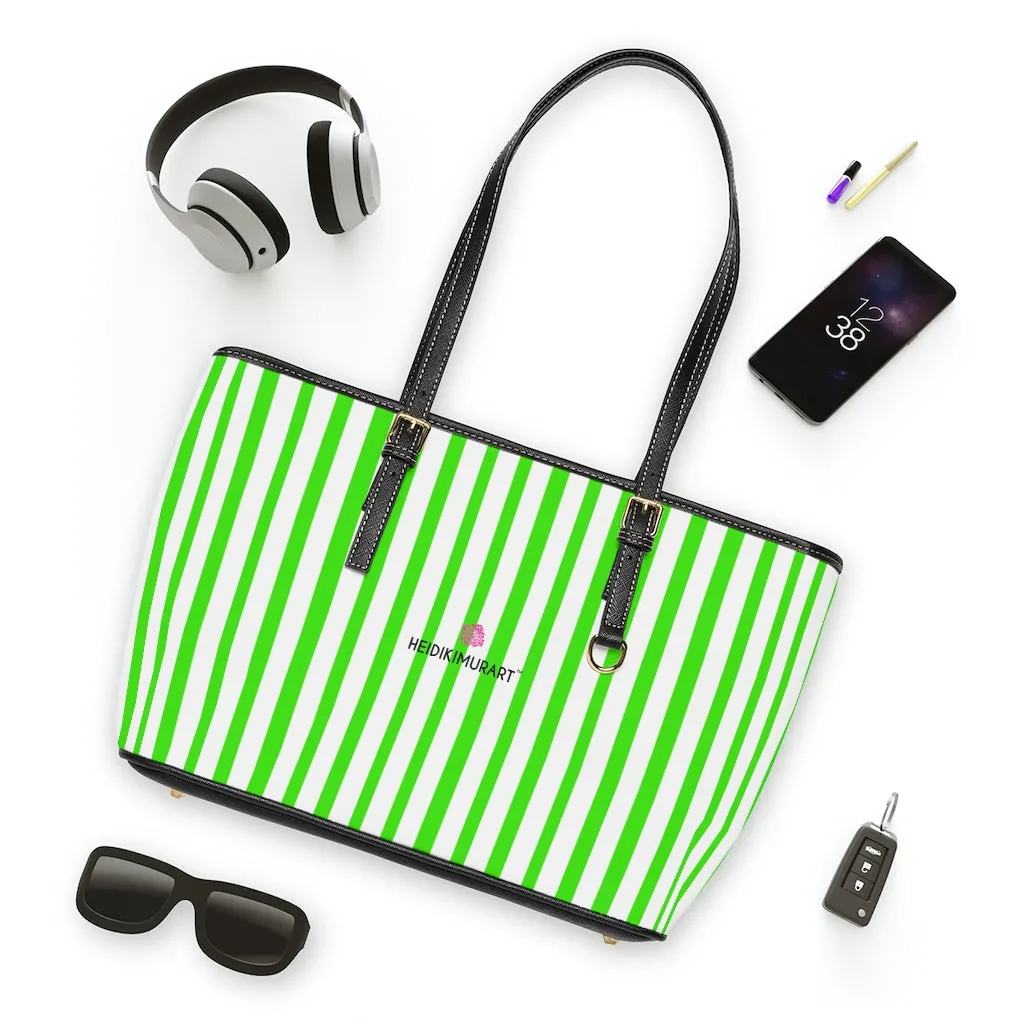 Green Stripes Best Tote Bag, 17"x11"/ 16"x10" Designer Striped PU Leather Shoulder Hand Bag