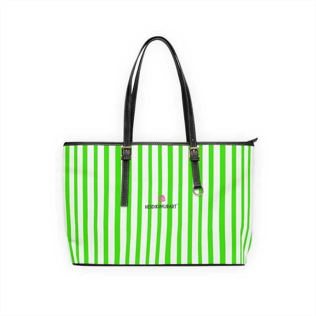 Green Stripes Best Tote Bag, 17"x11"/ 16"x10" Designer Striped PU Leather Shoulder Hand Bag