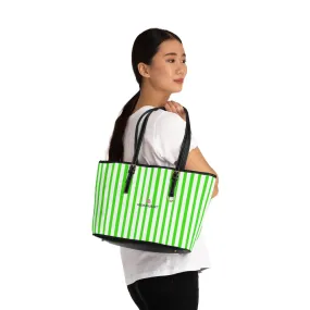 Green Stripes Best Tote Bag, 17"x11"/ 16"x10" Designer Striped PU Leather Shoulder Hand Bag