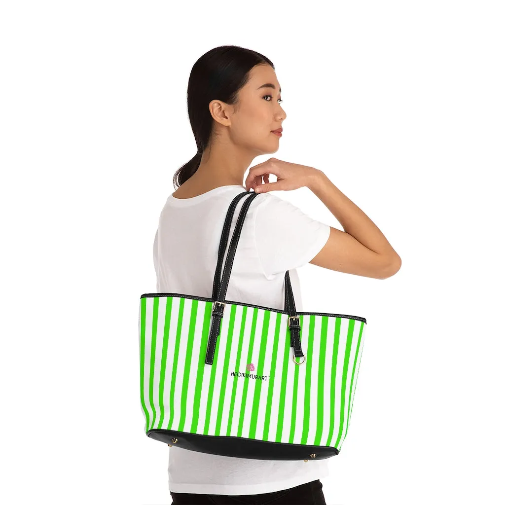 Green Stripes Best Tote Bag, 17"x11"/ 16"x10" Designer Striped PU Leather Shoulder Hand Bag