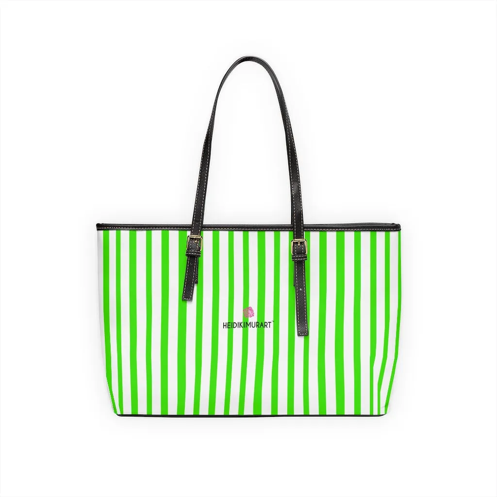 Green Stripes Best Tote Bag, 17"x11"/ 16"x10" Designer Striped PU Leather Shoulder Hand Bag