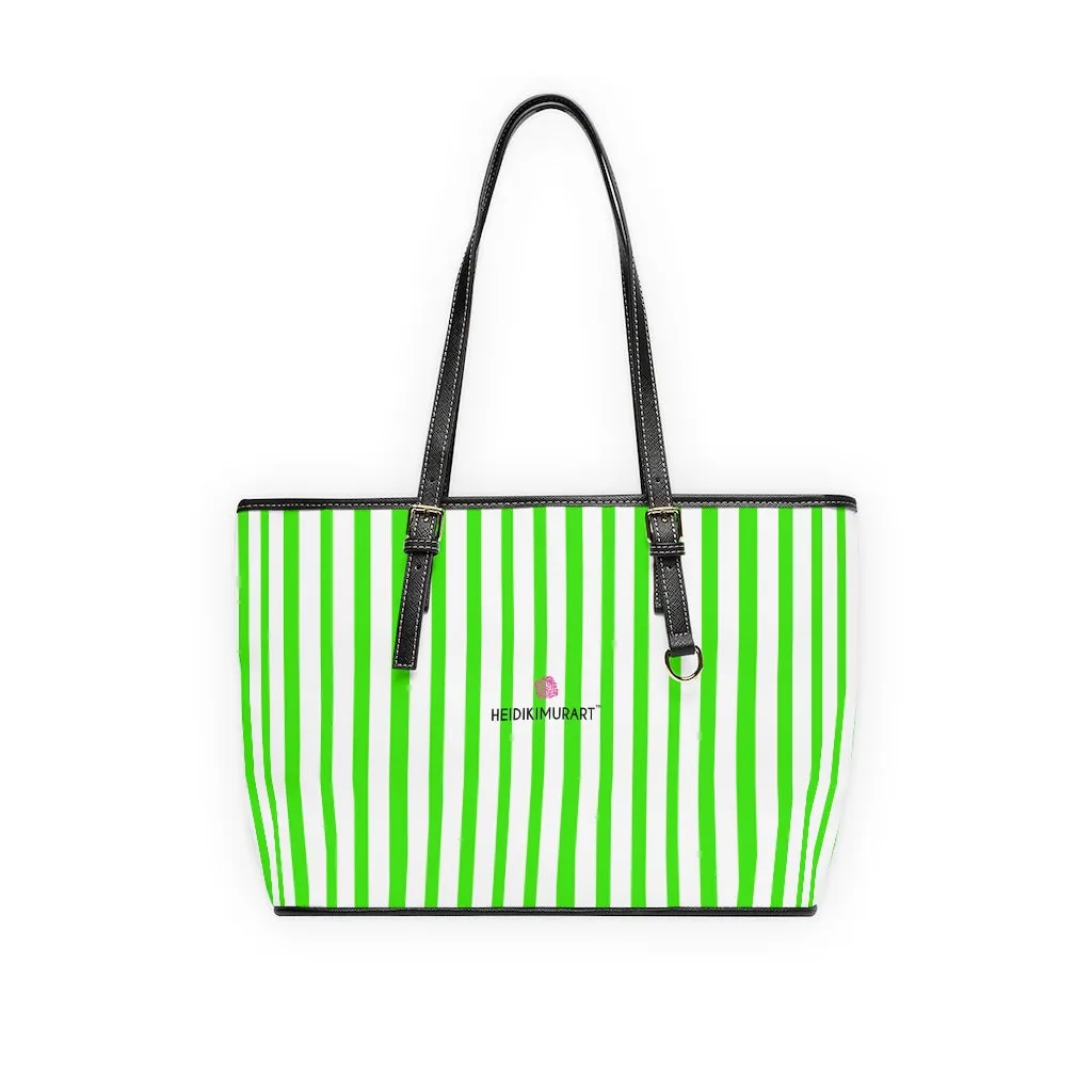 Green Stripes Best Tote Bag, 17"x11"/ 16"x10" Designer Striped PU Leather Shoulder Hand Bag