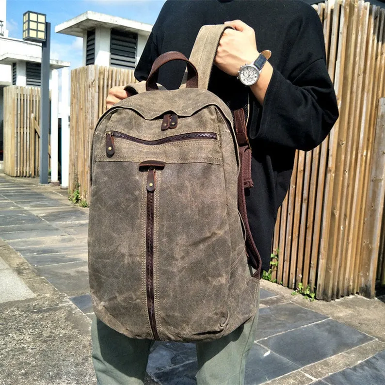 Handcrafted Unisex Waxed Canvas Laptop Backpack Fashion School Backpack Waterproof Backpack