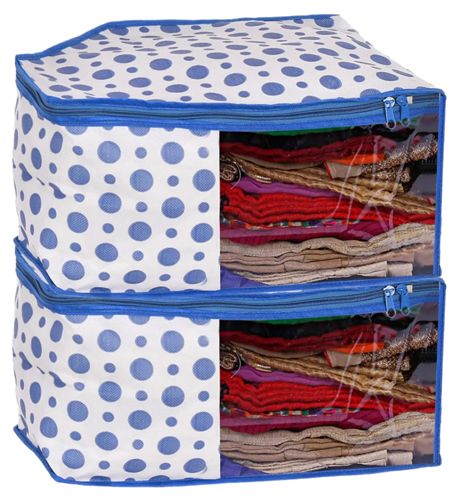 Heart Home Dot Printed Non-Woven Blouse Cover, Cloth Organizer, Wardrobe Organiser With Tranasparent Window- Pack of 2 (Blue)-46HH0304