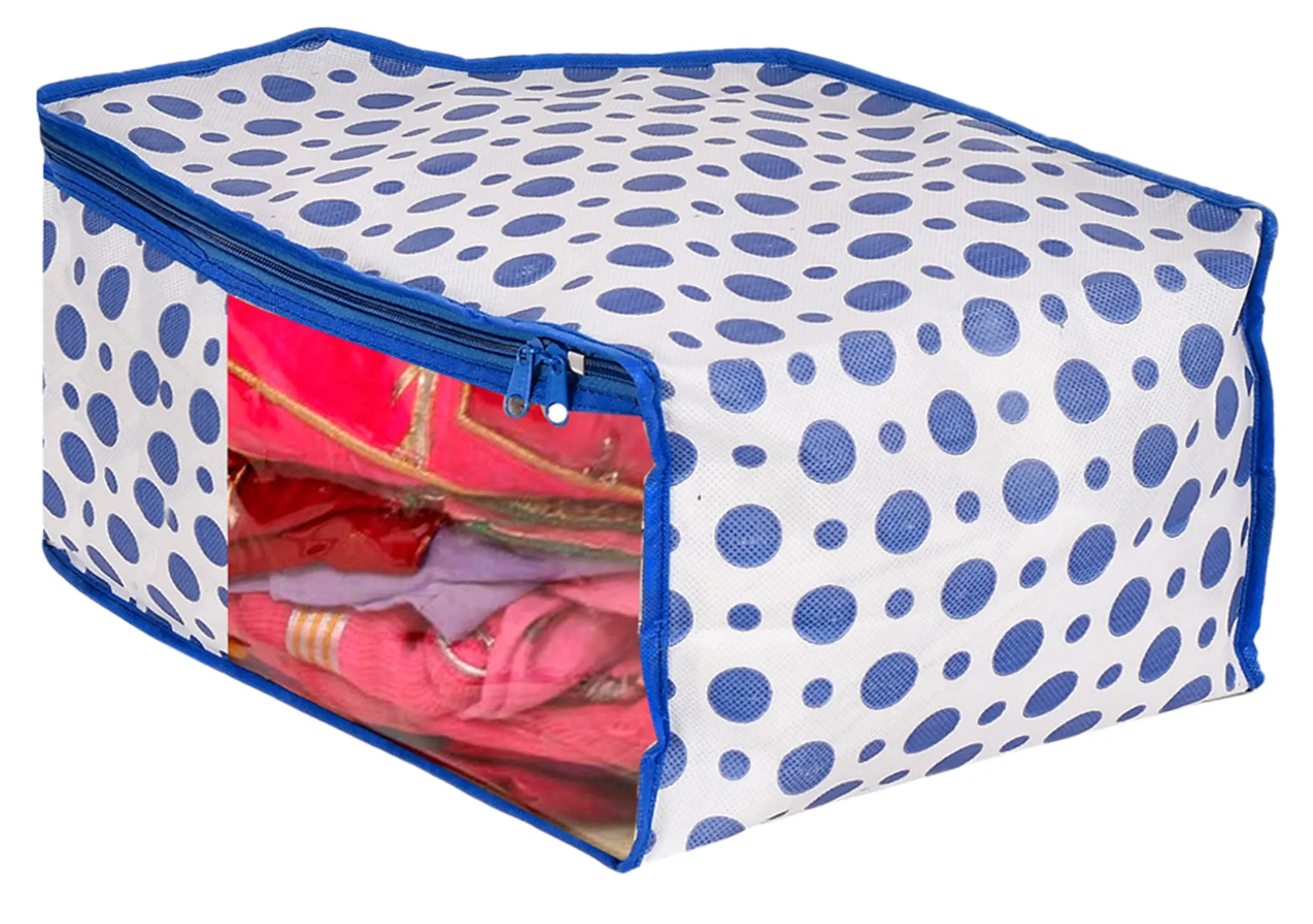 Heart Home Dot Printed Non-Woven Blouse Cover, Cloth Organizer, Wardrobe Organiser With Tranasparent Window- Pack of 2 (Blue)-46HH0304