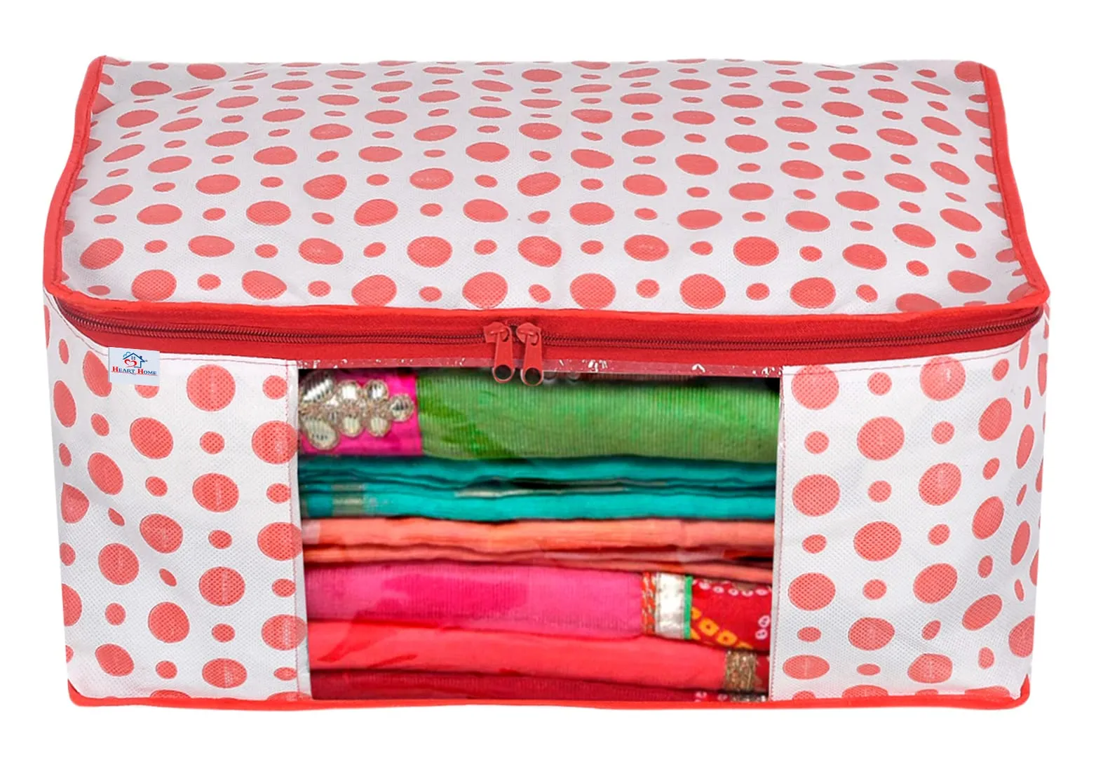 Heart Home Dot Printed Non-Woven Saree Cover, Cloth Organizer, Wardrobe Organiser With Tranasparent Window- Pack of 2 (Pink)-46HH0478