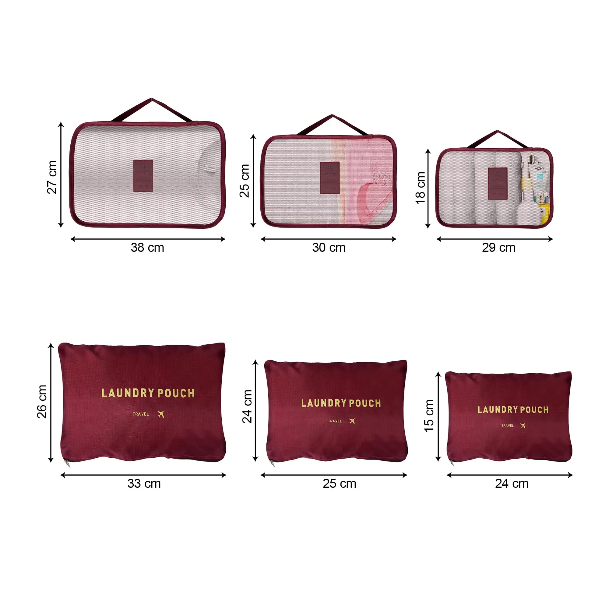 Homestic Pack of 6 Travel Luggage Bag | Toiletry Bag for Jewellery-Watches-Bracelets | Multi-Purpose Storage Bag with Handle | Travel Utility Storage Pouches | LYN16-MRO | Maroon