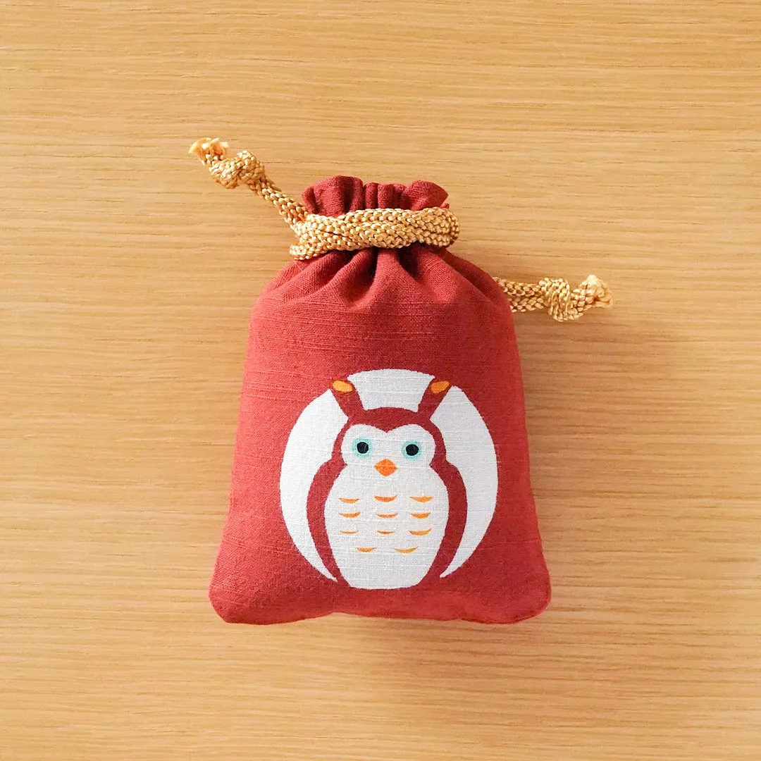 Katazome Small Talisman Bag - Red Horned Owl -,  Drawstring Pouch,  Japanese traditional craft bag