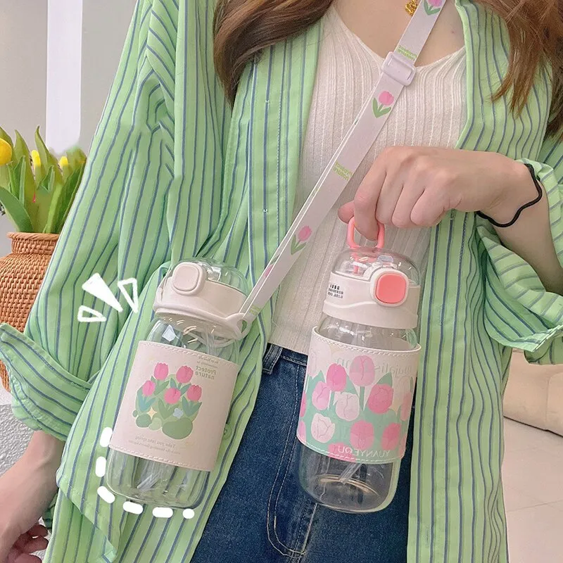 Kawaii  Water Bottle With  Straw and strap | 480ml water bottle |BPA-free water bottle