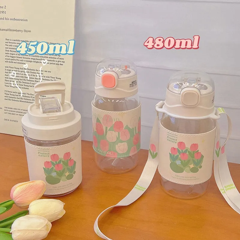 Kawaii  Water Bottle With  Straw and strap | 480ml water bottle |BPA-free water bottle