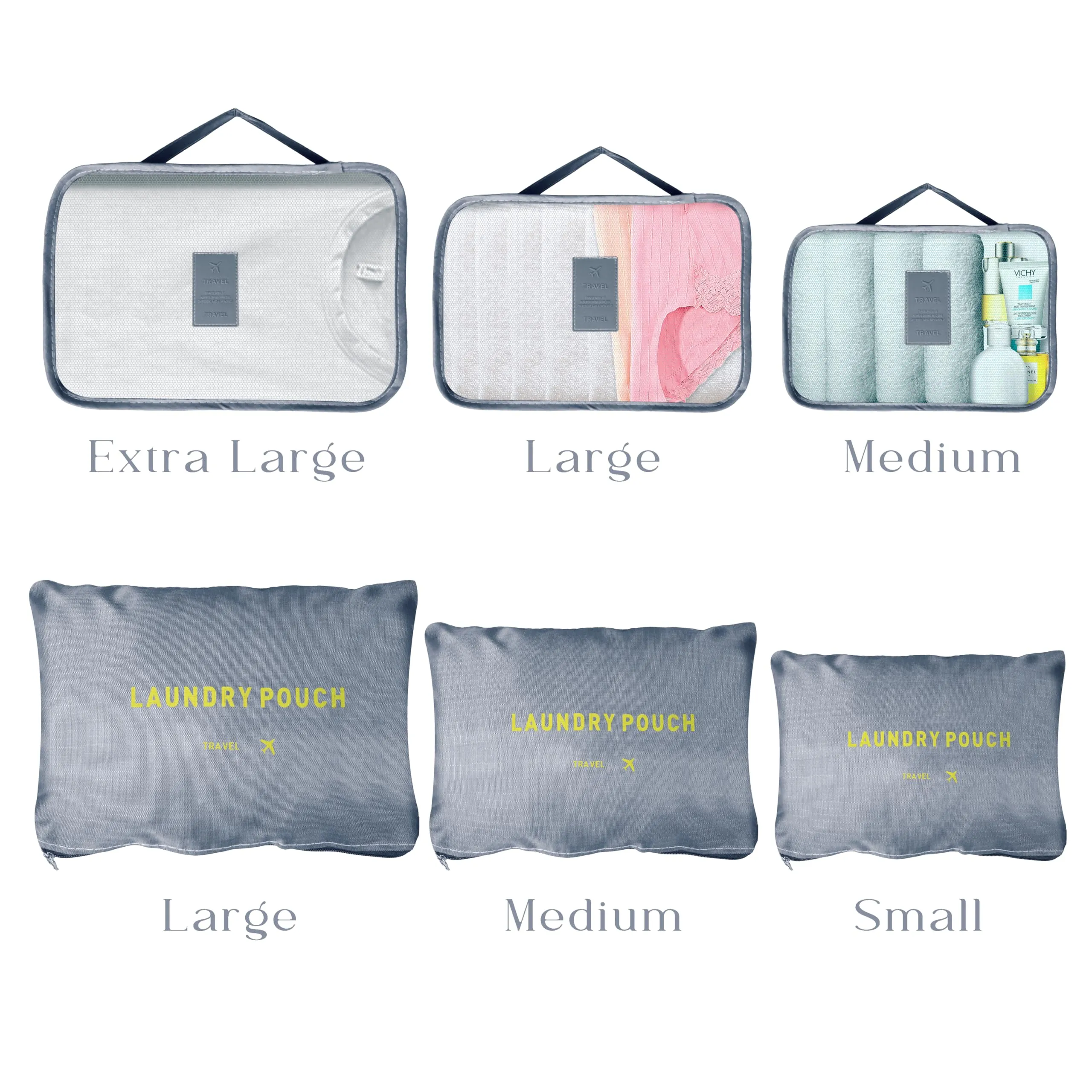 Kuber Industries 24 Pcs Travel Luggage Bag | Toiletry Bag for Jewellery-Watches-Bracelets | Multi-Purpose Storage Bag with Handle | Travel Utility Storage Pouches | LYN16-GRY | Grey | Pack of 4