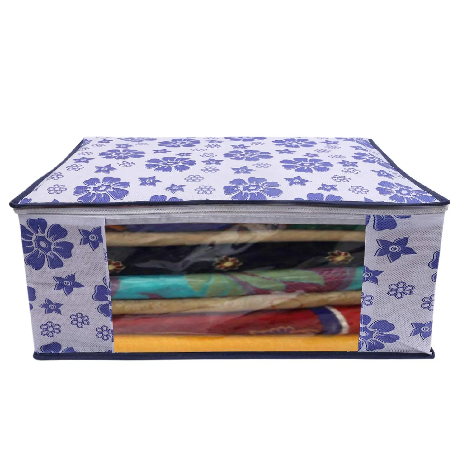 Kuber Industries Flower Printed Non Woven 6 Pieces Saree Cover and 6 Pieces Underbed Storage Bag, Cloth Organizer for Storage, Blanket Cover Combo Set (Royal Blue) - CTKTC038629