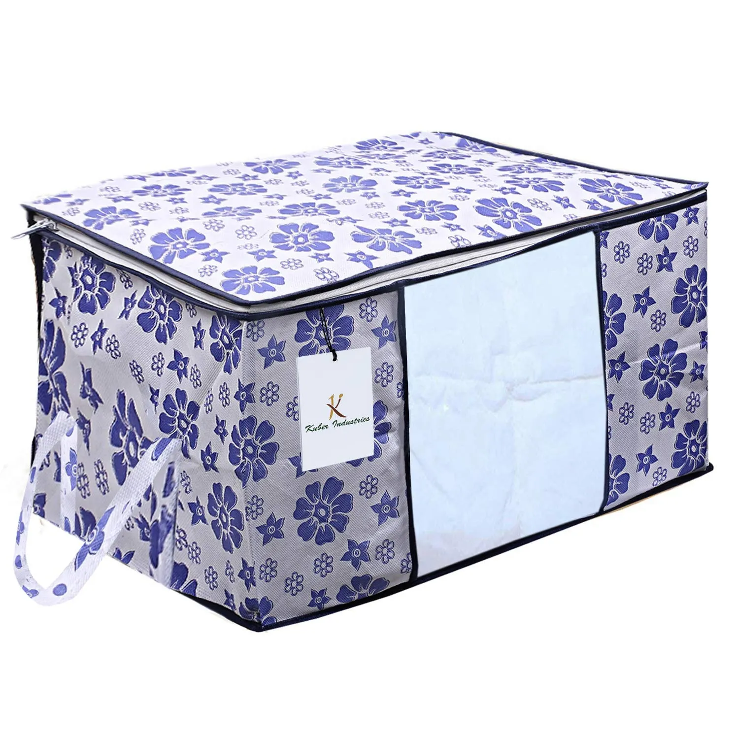 Kuber Industries Flower Printed Non Woven 6 Pieces Saree Cover and 6 Pieces Underbed Storage Bag, Cloth Organizer for Storage, Blanket Cover Combo Set (Royal Blue) - CTKTC038629